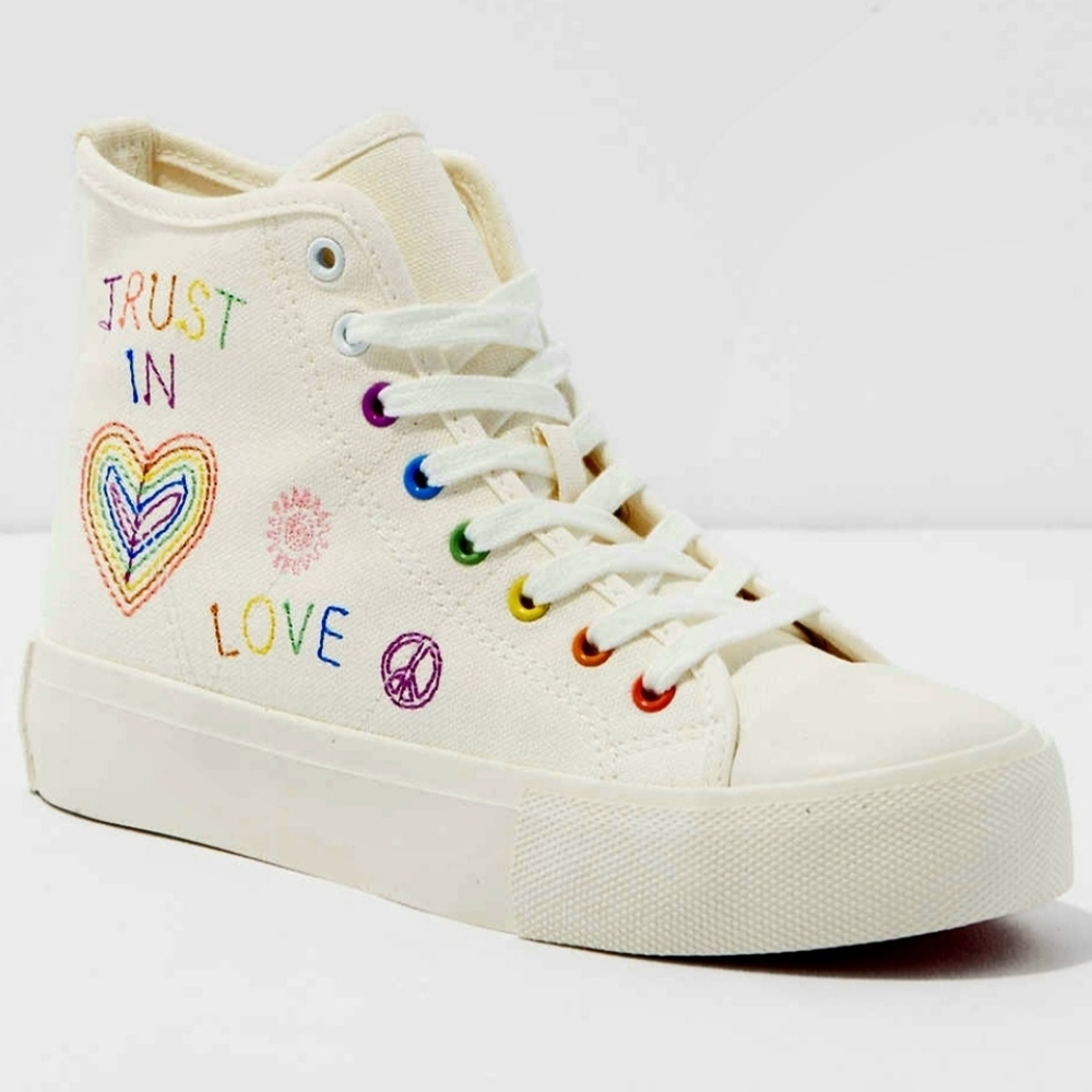 American Eagle White Rainbow Soles Pride Canvas High-Top Platform Sneakers
